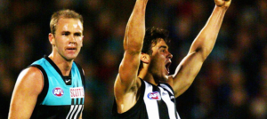 Ruffling Feathers: Rookie Magpie Chris Tarrant goals against Port Adelaide in 2002.